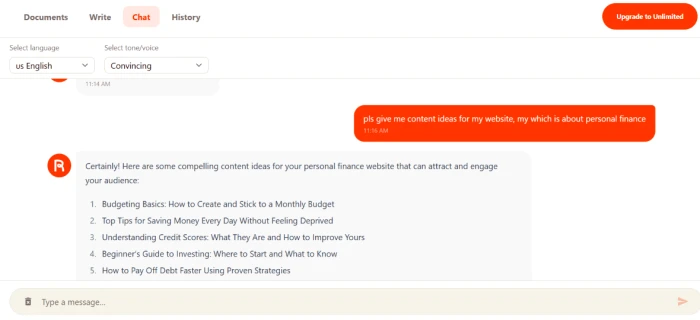 Rytr chatbot feature exposing conversational content ideation assistant where users can chat and ask for content ideas topic suggestions writing prompts and brainstorming input before moving to formal AI Writer draft generation workflow
