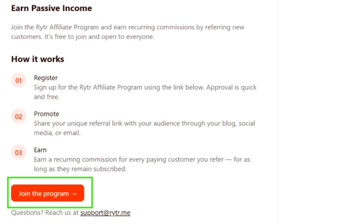Rytr affiliate program exposing share and earn revenue model with unique referral link sharing options across social platforms and email plus commission tracking dashboard for users to monetize their Rytr referrals and network reach