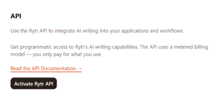 Rytr API access documentation exposing developer integration option for programmatic content generation across use cases and automated writing workflows within third party applications and custom internal tooling