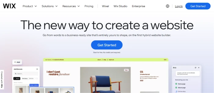 Wix.com homepage exposing all in one website builder positioning with modern interface and signup calls to action targeting small business owners ecommerce sellers freelancers and creators