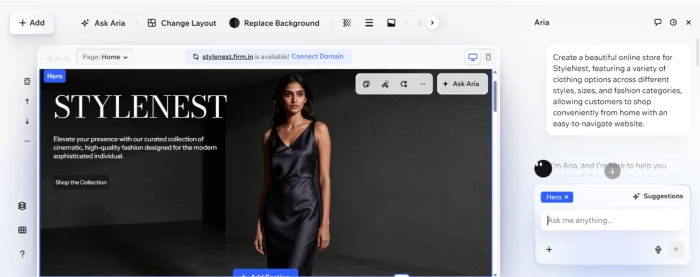 Wix AI generated StyleNest online clothing store homepage from single prompt showing ecommerce design with product categories navigation hero section and shop conveniently from home positioning