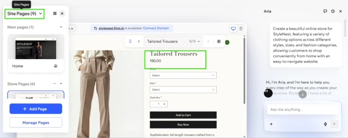 Wix AI generated 9 pages for StyleNest clothing store including homepage shop about contact and category pages from single AI prompt without manual page creation