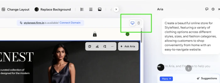 Wix mobile and desktop preview showing responsive design validation across device viewports rendering StyleNest site appropriately on both mobile and desktop without separate mobile version building