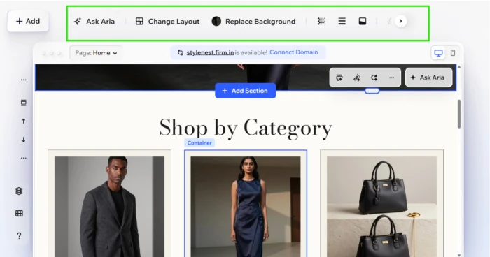 Wix full manual editing exposing text image layout background section modification with drag and drop interface for granular control over element properties typography color spacing and container styling
