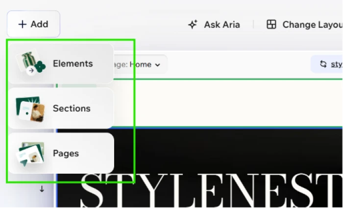 Wix add elements pages and sections interface for structural site expansion where users add components pages or sections to grow the generated StyleNest site beyond initial 9 page output