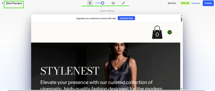 Wix full site preview with custom screen size configuration for real time responsive testing at arbitrary viewport dimensions across tablet ultra wide and non standard resolutions