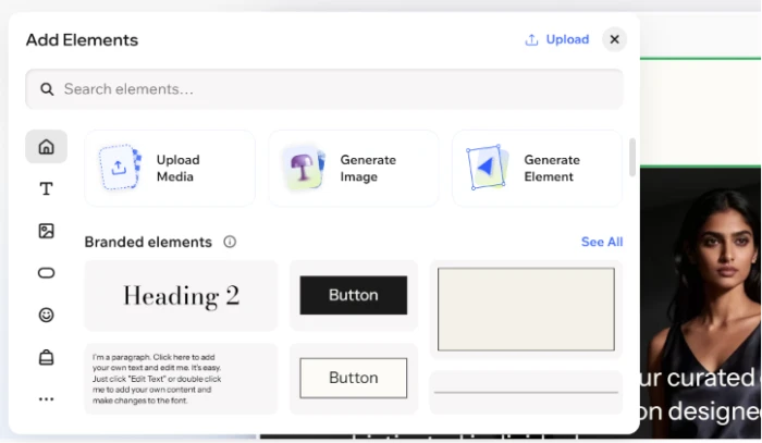 Wix elements library with huge catalog of pre built components image upload option AI image generation and AI element generation combining stock component reuse with generative asset creation