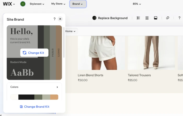 Wix brand kit customization for centralized visual identity adjusting site wide colors fonts typography and style tokens ensuring consistent branding across all pages elements and generated sections