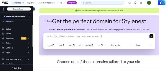 Wix post login dashboard exposing central hub for managing multiple sites accessing AI website builder viewing existing projects and jumping into editing publishing marketing and analytics workflows