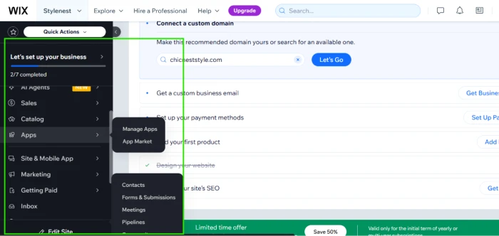 Wix website management dashboard with integrated business operations tools including marketing campaigns lead capture visitor analytics workflow automation and business functions within unified post launch interface