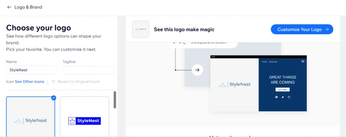 Wix logo generator with AI powered visual identity creation producing brand appropriate logo variants based on business name category and style preferences without separate design platform