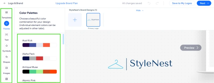 Wix logo customization interface with post generation editing controls for adjusting generated logo colors typography spacing icon selection and layout variations for brand identity refinement