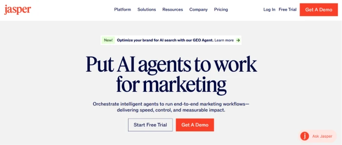 Jasper.ai homepage exposing enterprise AI marketing platform positioning with clean modern interface calls to action for free trial and demo request targeting marketing directors content teams agencies and enterprise organizations wanting AI driven content generation brand voice consistency and campaign execution at scale