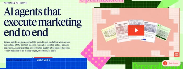Jasper marketing AI agents feature exposing autonomous end to end marketing campaign execution capability where AI agents plan generate produce and coordinate content across marketing channels without step by step human prompting reducing marketing team operational overhead