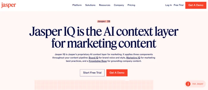 Jasper IQ feature exposing brand voice training knowledge management custom style guide and organizational context storage capability enabling AI generated content to maintain brand consistency across teams and campaigns without per prompt style engineering with Pro tier including 2 brand voices 5 knowledge assets and 3 audiences while Business tier offers unlimited customization