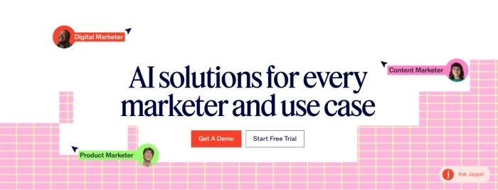 Jasper solutions section exposing platform organization by use case role and industry with specific vertical implementations covering GEO SEO personalization campaigns product marketing content marketing performance marketing brand marketing PR communications financial services healthcare technology retail media entertainment and professional services applications