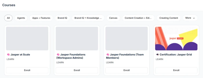 Jasper courses section exposing structured team education resources hosted on community.jasper.ai covering platform navigation feature configuration brand voice training content pipeline setup marketing AI agent deployment and industry vertical applications for organizational adoption and team upskilling alongside the Jasper Community forum
