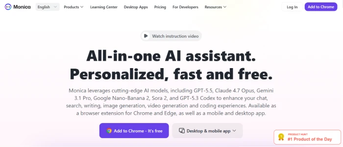 Monica.im homepage exposing multi model AI assistant positioning as AI companion and expert with clean modern interface signup calls to action and platform entry targeting solo users professionals students and developers wanting model switching flexibility across Claude Gemini and GPT within unified chat interface