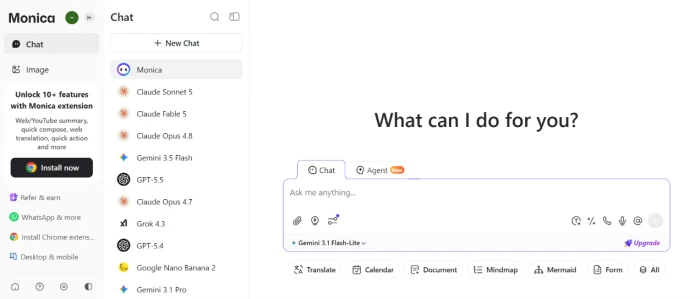 Monica.im post login dashboard exposing central AI chat interface with model selection sidebar navigation prompt input field and access to coding research translation image and other tool categories from unified account
