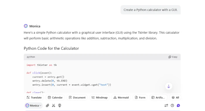 Monica.im coding capability validated with Python calculator GUI creation showing generated code with proper structure error handling calculator button layout and included run instructions telling user how to execute the calculator script demonstrating end to end coding assistance from prompt to executable code