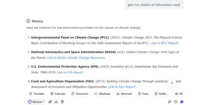 Monica.im research capability validated with climate change causes explanation showing structured output covering greenhouse gases fossil fuels deforestation industrial processes and other contributing factors with citations provided upon follow up request demonstrating research grounded in sources rather than uncited generative claims