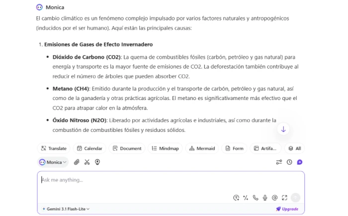 Monica.im translation capability validated with English to Spanish content conversion showing preserved meaning tone and structural formatting across languages demonstrating language conversion competence for content localization use cases and multilingual communication workflows