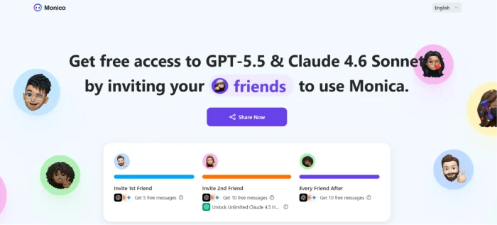 Monica.im referral program page exposing share and earn structure where users can invite friends to Monica in exchange for free access bonus to newer models GPT-5.5 and Claude 4.6 Sonnet as advertised on the referral page providing model access incentive alongside standard subscription tiers