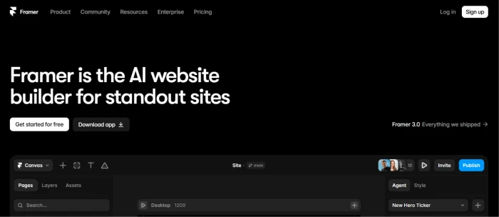 Framer.com homepage exposing AI native design first website builder positioning with clean modern interface product community resources enterprise pricing navigation and clear signup calls to action targeting designers creative professionals freelancers agencies and product teams wanting AI accelerated website creation with full design freedom