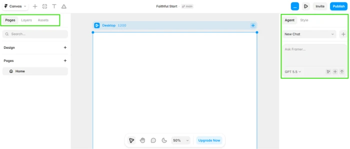 Framer post login project dashboard exposing multi project workspace with existing website projects visible AI agent sidebar navigation account controls and access to design canvas CMS localization and other platform capabilities from unified account interface
