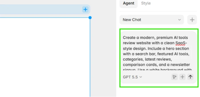 Framer AI agent website generation interface exposing prompt input area on right side sidebar accepting detailed natural language specification for target website including design style sections content structure color palette animations layout and responsive design requirements
