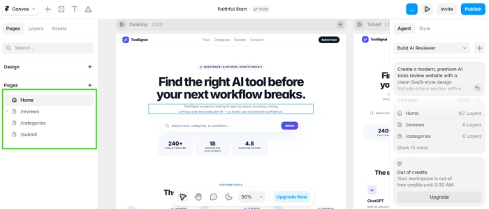 Framer AI generated website output showing four page structure created from single prompt with hero section featured AI tools categories reviews comparison cards and newsletter signup all rendered with white background blue and purple accents rounded cards and every element remaining editable in the canvas for further customization