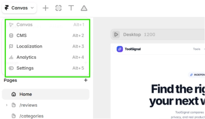 Framer multi tool platform exposing four core capabilities including canvas for design editing CMS for content management with collections localization for multi language support and site analytics for performance tracking all accessible from unified project navigation within single account