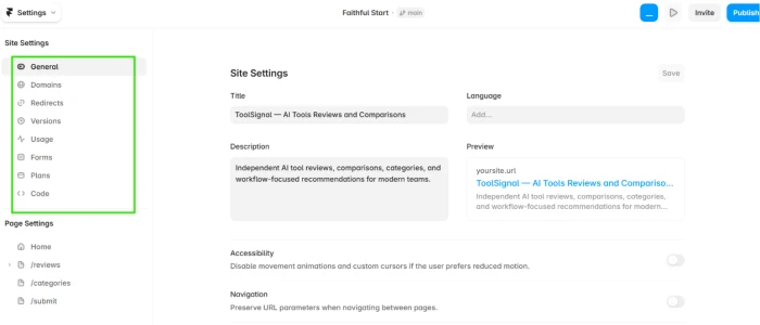 Framer site settings interface exposing administrative controls for domain configuration SEO metadata publishing options page settings and site level configuration accessible from project navigation for post generation customization and publishing preparation