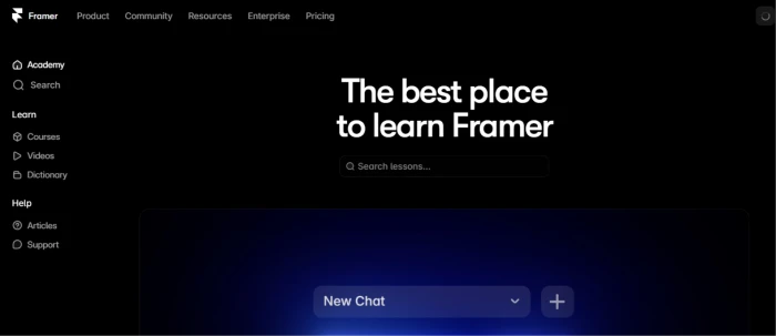 Framer tutorials section exposing structured learning resources covering platform navigation AI agent usage canvas editing CMS setup localization workflow analytics interpretation and advanced techniques for user onboarding and skill development from beginner to advanced designer level