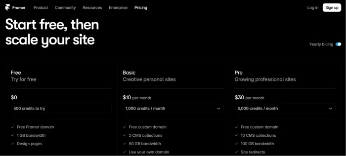 Framer.com pricing page exposing three visible tier structure with Free at zero dollars for evaluation Basic at 10 dollars per month billed yearly for creative personal sites and Pro at 30 dollars per month billed yearly for growing professional sites plus yearly billing toggle enabled and Enterprise section accessible via top navigation