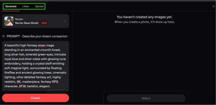Nectar.ai image generation interface exposing prompt input field with fantasy elven mage character prompt including detailed descriptors for hair eyes robes staff lighting and art style during cover image creation flow for user created character with SFW content marker