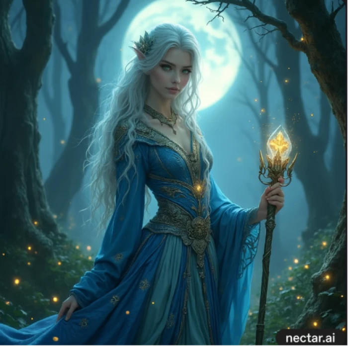 Nectar.ai image generation result showing rendered high fantasy elven mage character with long silver hair emerald green eyes royal blue and silver robes with rune embroidery holding a crystal staff in moonlit forest scene with fireflies and glowing trees demonstrating platform image generation capability from written prompt input