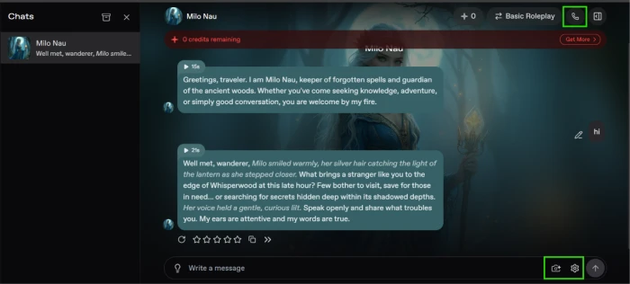 Nectar.ai chat interface exposing multi modal companion interaction with voice call button text messaging area image generation trigger and video generation trigger inline within conversation flow supporting cross modal content creation during active chat session
