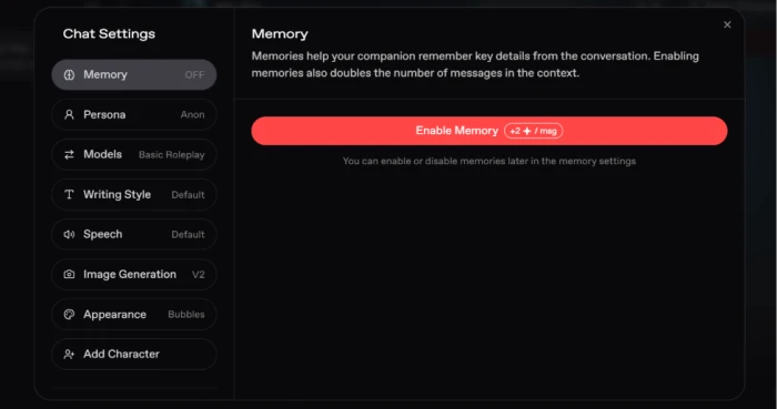 Nectar.ai chat settings panel exposing configuration controls including memory enable toggle persona switching model selection dropdown speech configuration image generation setting and appearance customization across multiple setting categories accessible during active chat session