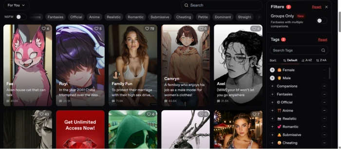 Nectar.ai explore tab exposing character discovery grid with filter controls in right sidebar including category tags persona type age range personality style and content mode filters for browsing community created and platform curated companion characters
