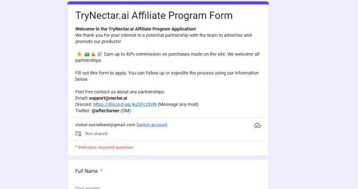 Nectar.ai affiliate program page exposing referral commission structure up to 40 percent per referral with dashboard access for tracking referrals payment processing and marketing materials for affiliates promoting the platform across content and social channels