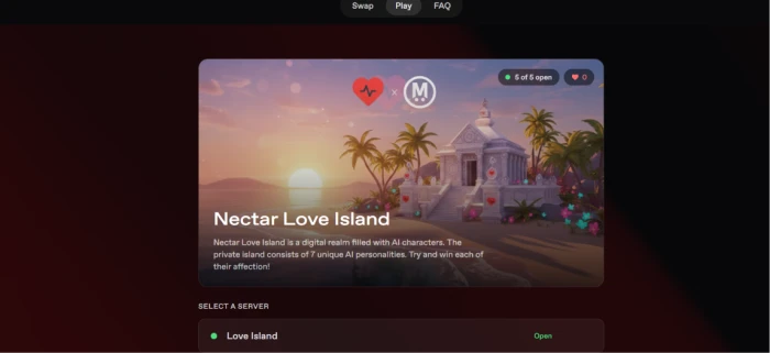 Nectar.ai Love Island special roleplay mode exposing themed fantasy scenario with multiple companion cast members structured storyline branching choices and adaptive narrative that remembers user decisions across scenes for immersive roleplay experience separate from standard chat mode