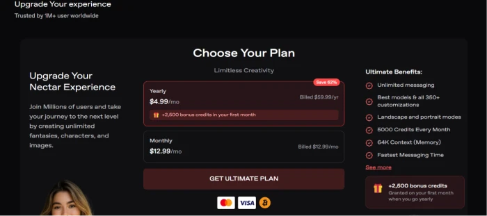 Nectar.ai pricing page screenshot showing Ultimate Plan with Yearly billing at 4.99 dollars per month billed 59.99 per year with 62 percent savings and Monthly billing at 12.99 dollars per month plus bonus 2500 credits on first month yearly and Ultimate benefits list including unlimited messaging 350 plus customizations landscape and portrait modes 5000 credits every month 64K context memory and fastest messaging time