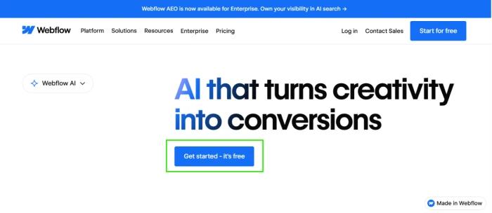 Webflow homepage exposing visual website builder platform positioning with hero section calls to action for building sites design first no code development approach targeting professional web designers agencies in house marketing teams and businesses wanting visual design control