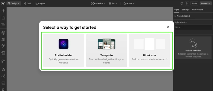 Webflow post login get started page exposing three build path options for new site creation including AI Site Builder for prompt based generation template option for design starting points and blank site option for full control custom builds giving users choice between AI acceleration and manual craft