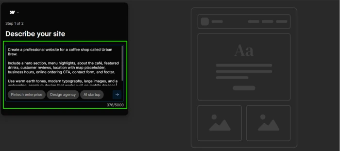 Webflow AI website builder prompt input dashboard exposing text area for natural language site description with example prompt for Urban Brew coffee shop including hero menu about featured drinks reviews location hours CTA contact and footer sections with warm earth tone design directives