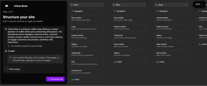 Webflow AI website builder auto generated site structure output showing hierarchical page and section plan derived from Urban Brew coffee shop prompt with editable structure elements and generate site button for confirming and proceeding to full site generation flow
