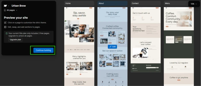 Webflow AI generated site preview page showing all four pages created from Urban Brew coffee shop prompt with thumbnails preview and continue building call to action button exposing multi page output capability from single natural language prompt input across home menu about and contact pages