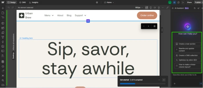 Webflow editor dashboard exposing full editing interface with left side tools panel for adding elements sections and components plus right side AI panel for describing changes to selected elements canvas center for direct visual manipulation supporting both manual precision editing and AI assisted described modifications