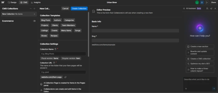 Webflow CMS dashboard exposing content management interface for structured content collections including blog posts products team members case studies and other custom collection types with schema definition item creation and content organization tools separate from visual page editor